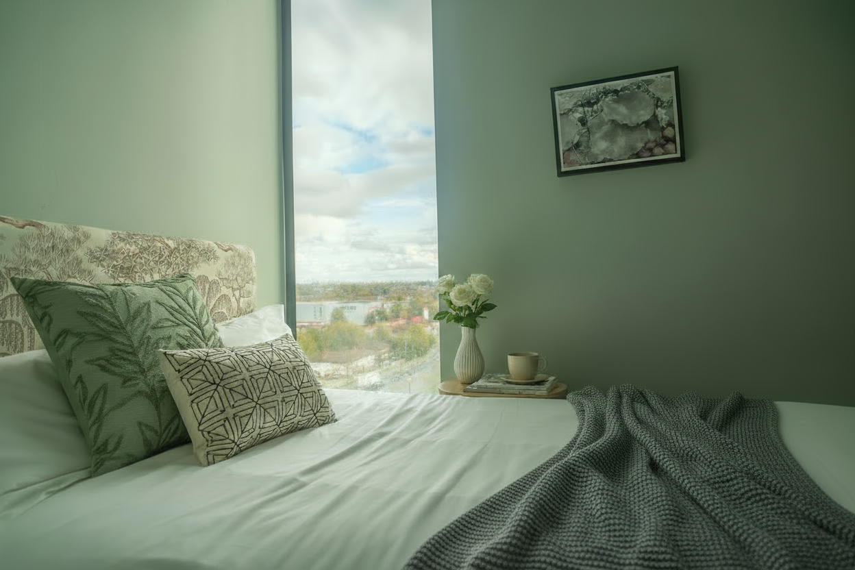 Furnished bedroom in AndSoul co-living studio, West London